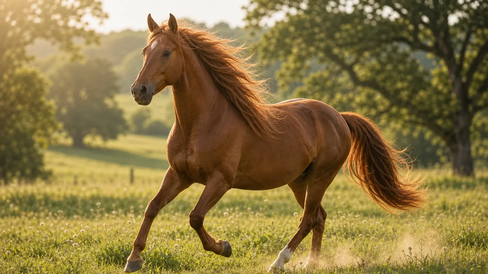 Paard met lange manen en staart in een groene weide